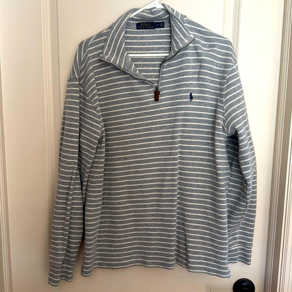 Men’s green and white striped polo sweater quarter zip